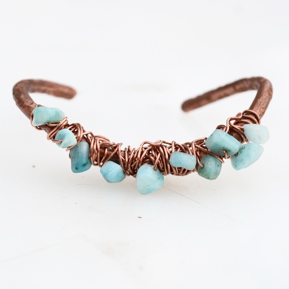 Blue Amazonite Copper Cuff Bracelet Healing Reiki Energy Handmade Boho Gift - Picture 5 of 6